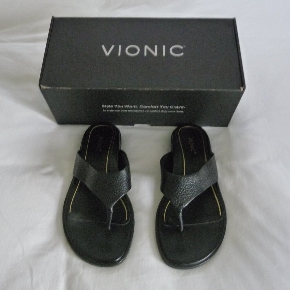 VIONIC BLACK LEATHER THONG SANDALS SIZE 9 MEDIUM